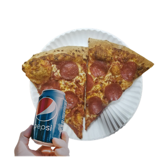 Two pizza slices on a paper plate with a Pepsi can